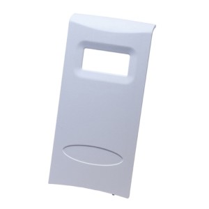 A light grey rectangular plastic cover featuring a rectangular viewing window near the top and an oval depression near the bottom
