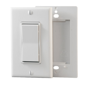 Two white plates: one has a rectangular rocker switch, while the other is an empty frame for mounting behind or beside it.