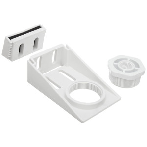 White angled mounting bracket with large threaded hole, a separate threaded bushing and a small clip piece