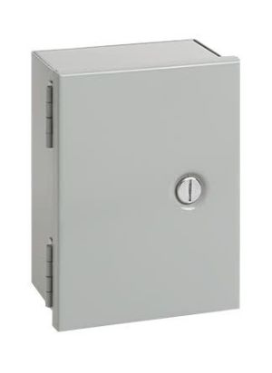 Rectangular grey electrical enclosure with side hinges and round key latch on door
