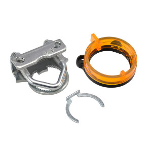 Three-piece kit with a silver metal clamp that has teeth, an orange plastic ring, and a small grey clip.