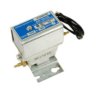 Small metallic solenoid valve with blue top label, brass fittings and attached black wires.