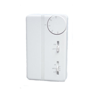 Small white thermostat with digital display and four buttons