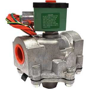 Large metal gas valve with a square green solenoid on top and colored wires.