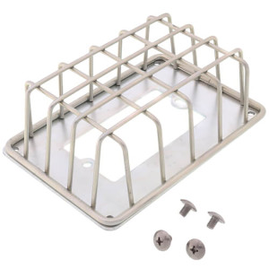Rectangular metal cage formed by intersecting rods attached to a mounting base, with screws provided for installation.