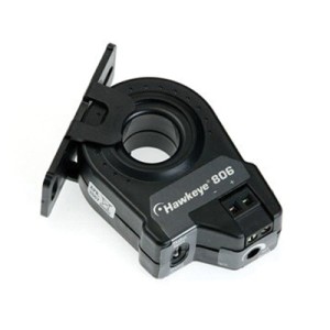 A compact black clamp-style sensor with a circular opening at its center, labeled 'Hawkeye 806', used for measuring electrical current.