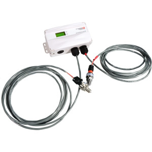 White rectangular instrument with small green screen connected via grey cables to two separate metal pressure sensors.