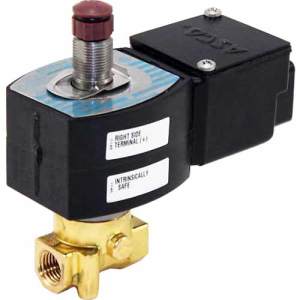 Brass solenoid valve with black housing and red override button.