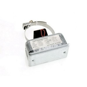 A temperature sensor assembly featuring a metal clamp band for securing to a pipe and a small rectangular metal housing containing the sensor wiring