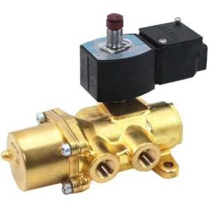 Golden brass valve with three threaded ports and a black solenoid coil on top featuring a protruding red-topped manual override plunger.