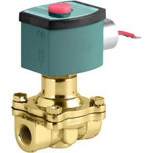 Brass gas solenoid valve with teal coil and red button