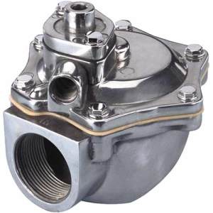 A shiny metal valve body with a rounded diaphragm chamber, bolts on top, and large threaded port on the side.