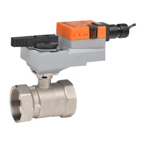 Nickel-plated brass ball valve body with orange and gray actuator on top, lever handle and black cable connector