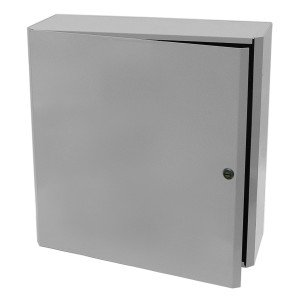 A grey square steel enclosure with a smooth front door that is partially open; the door has a circular key lock and reveals a dark seal along the inside edge, displayed against a plain white background