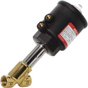 Gold-toned angled valve with a prominent black actuator cylinder and threaded fittings on the ends