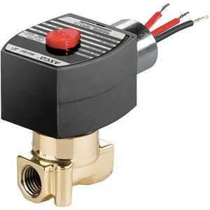 Small brass solenoid valve with a square black top, red button and two wires