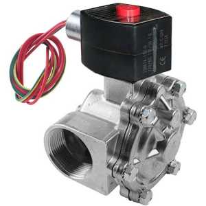 stainless steel solenoid valve featuring a black coil with red cap, multiple bolts around the round body, and colored wires protruding; the valve has a large threaded port