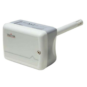 Duct humidity sensor with long slotted probe and grey housing.