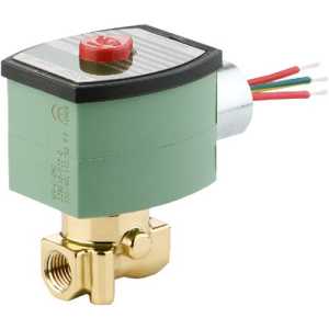 Small industrial solenoid valve featuring a brass base, green coil with red button and red, green and white wires extending from the side