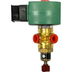Brass solenoid valve with a green top, red‑capped ports and a bottom adjustment knob with flow arrow, plus side connector