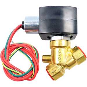 angled view of a small Y‑pattern brass solenoid valve with black cylindrical coil and colored wires coiled beside it; the two ports form a Y shape