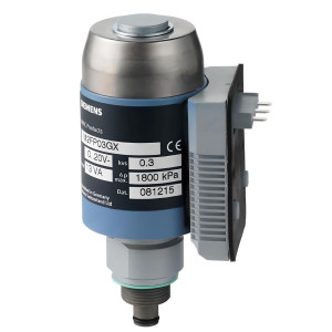 Small round‑top actuator with metallic housing, blue label, side electrical plug and a threaded bottom connection
