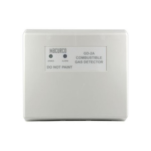 White rectangular combustible gas detector labeled GD-2A, featuring two small indicator lights and instructions not to paint.