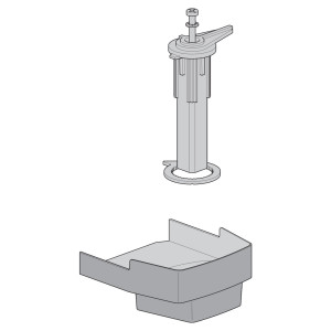 Technical drawing showing a tall cylindrical float rod with lever and a separate square basin-like container.