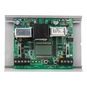 Grey rectangular module with small screen, up/down arrows and terminal strip along bottom.