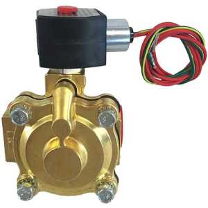 front view of a brass solenoid valve with a large circular cap and four bolts; a black coil with red top sits above with colored wires extending