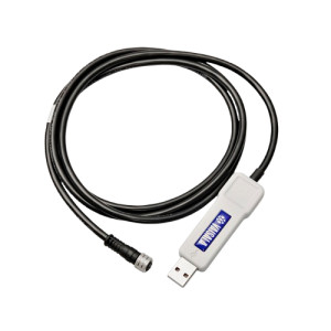White USB device with an attached cable ending in a metal circular plug