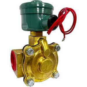 image of an explosion-proof style brass solenoid valve with a round green coil housing on top and red wires; the brass body has four bolts and red port openings