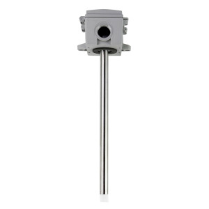 Grey rectangular junction head with circular port and long stainless steel probe extending downward