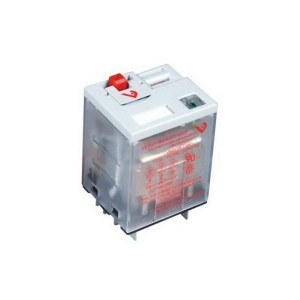 Square transparent relay with a small red tab on top and four metal pins at the bottom.