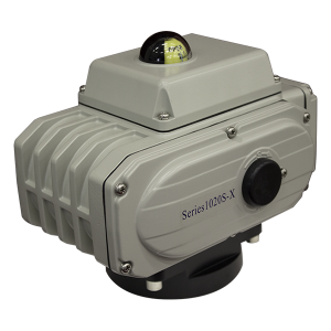 Grey rectangular electric rotary actuator with ribbed sides, black dome indicator on top and Series1020S‑X label