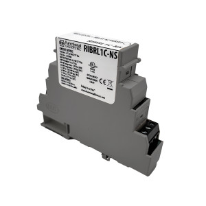 Grey DIN-rail mounted relay module with white label showing electrical ratings and multiple terminal slots.