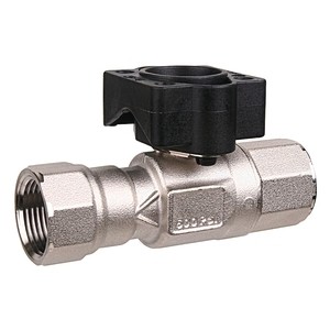 Short metallic valve with hexagonal female threaded ends and a black square mounting collar on top
