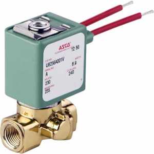 Small brass solenoid valve featuring a square green coil with white label and two red electrical wires