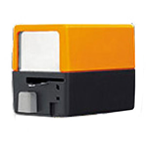 Brass valve body with an orange actuator mounted on top and wires