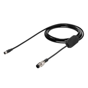 A coiled black cable with circular connectors at both ends and a rectangular ferrite bead near one connector.