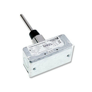 A rectangular silver metal box with a label and screws on its surface, from which a slim stainless steel rod extends from a black rubber and metal fitting; used for duct temperature measurement.