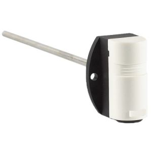 Small temperature probe with long metal rod and black-and-white housing