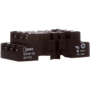 Low-profile black relay base with multiple round pin holes and white printed label 'IDEC SR3B-05' on side