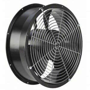 Black round fan with a wire guard covering its blades.