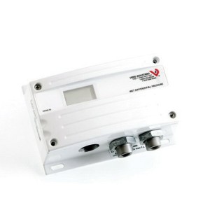 White rectangular instrument housing with small display window and two round metal pressure ports on one side.