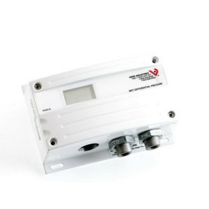 White rectangular sensor with small blank display window and two cylindrical metal ports on one side.