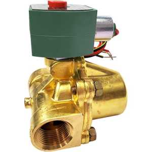 angled view of a brass solenoid valve with green rectangular coil and red cap; the body has angled inlet/outlet ports and colored wires attached to the coil