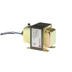 Small rectangular electrical transformer with metal cover, mounting tabs and multi-colored wires extending from one end.