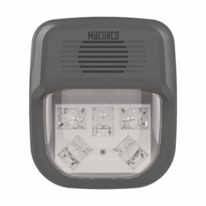 Dark grey Macurco device with front grille and a clear lower lens containing four LED clusters