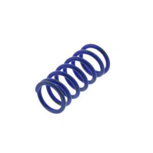 Small bright blue metal coil spring used as a compression element in mechanical equipment